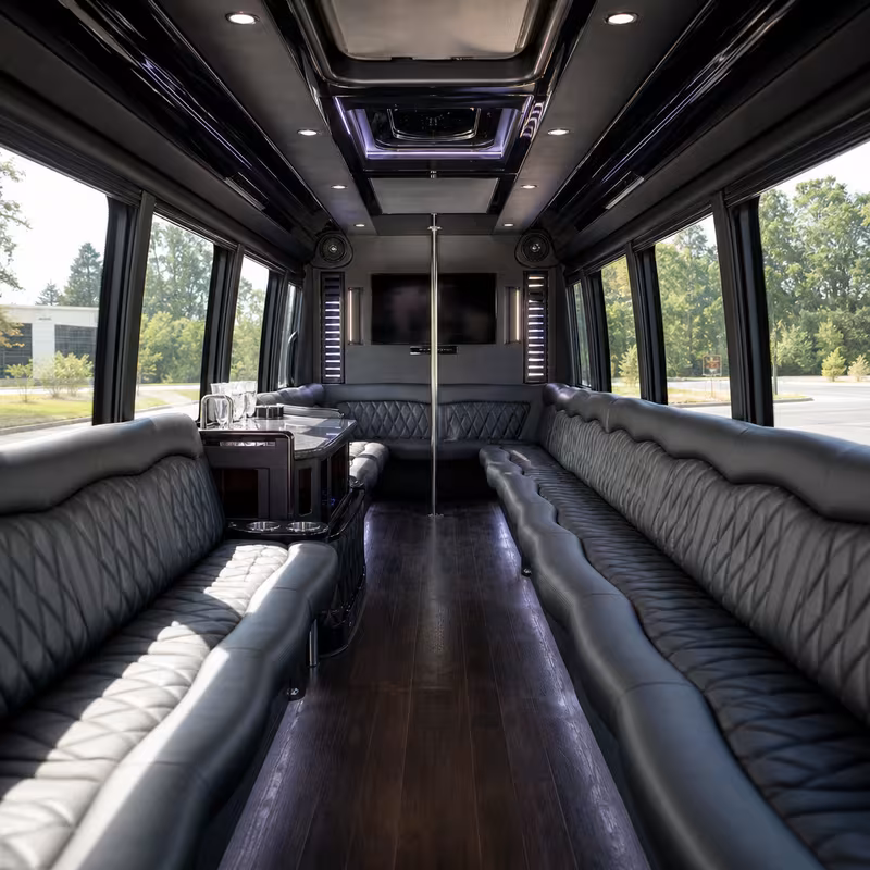 Passenger watching the Minneapolis scenery during a regional party bus road trip
