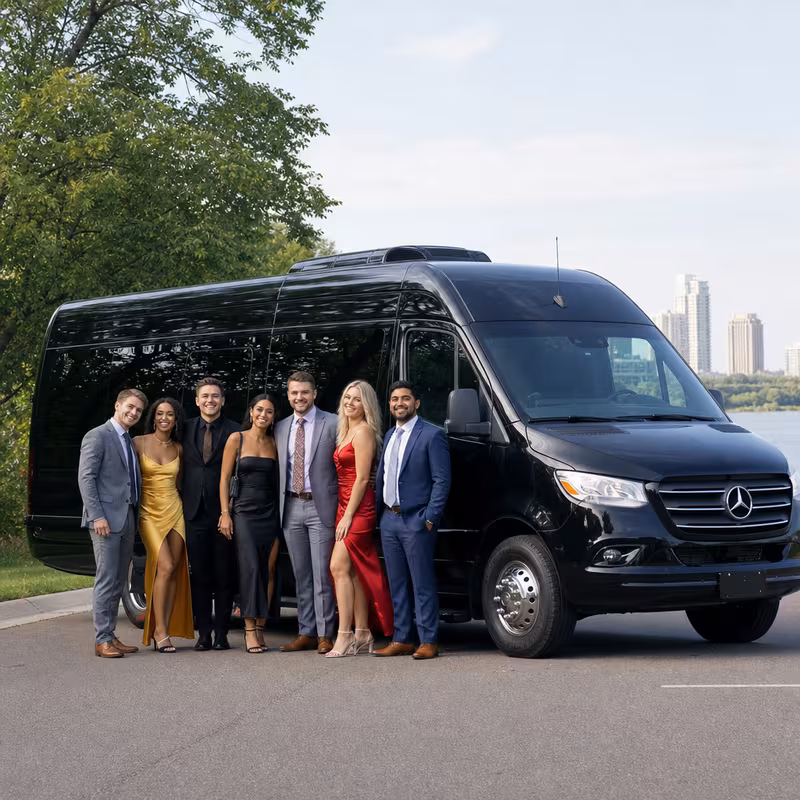 Group beside a Mercedes Sprinter limo from the Minneapolis fleet