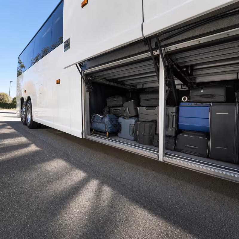 Party bus interior with wraparound leather seating and LED lighting in Minneapolis
