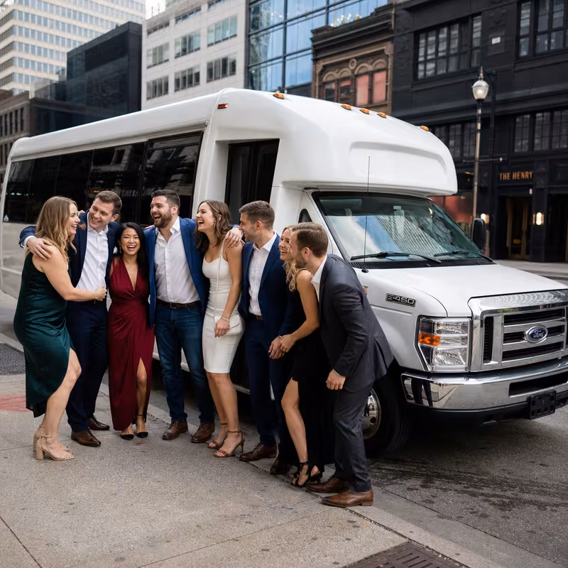 Black Mercedes Sprinter van staged for an Minneapolis Bachelor & Bachelorette Transportation group