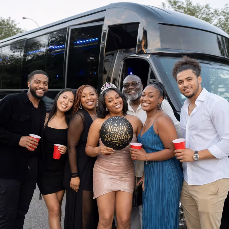 Group boarding a white charter bus for Birthday Transportation transportation in Minneapolis