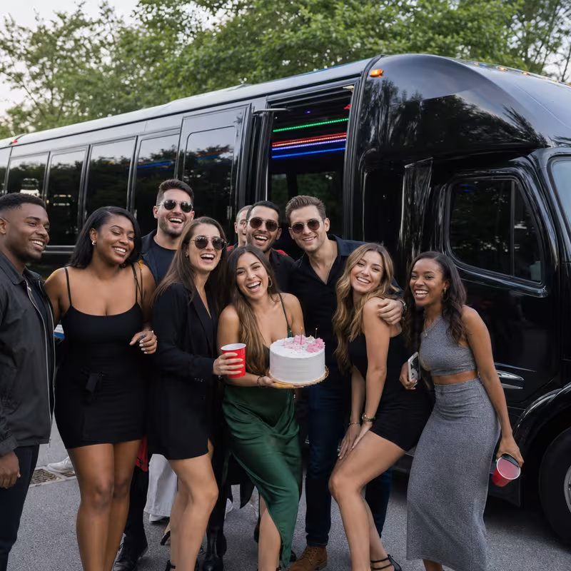 Party bus interior with wraparound leather seating and LED lighting in Minneapolis