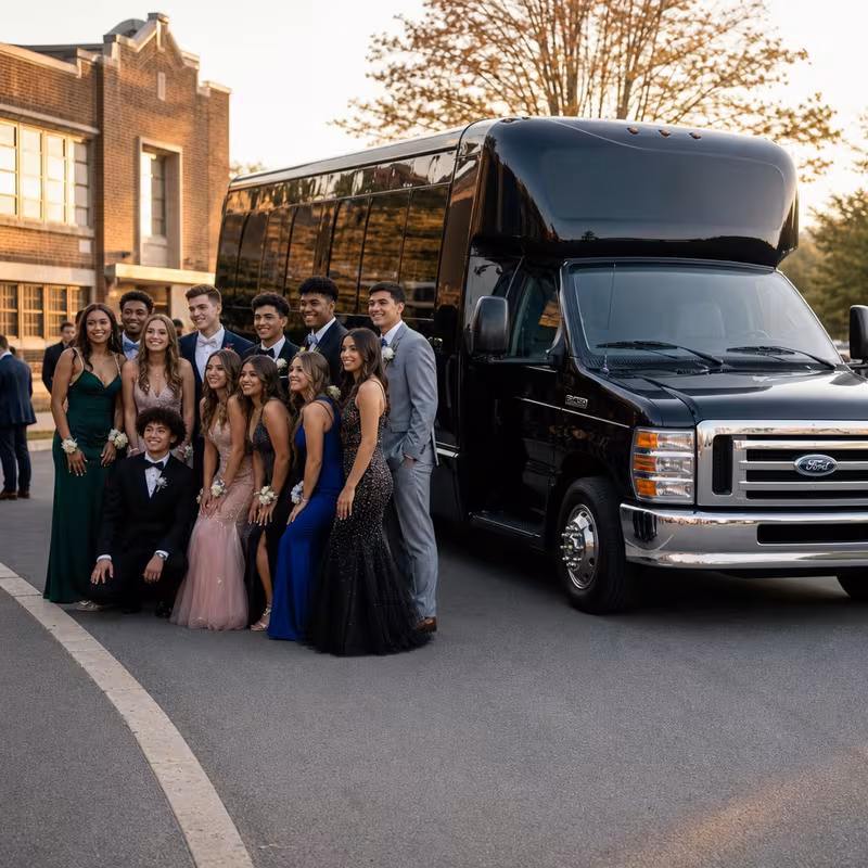 Group boarding a white charter bus for Prom & Homecoming Transportation transportation in Minneapolis